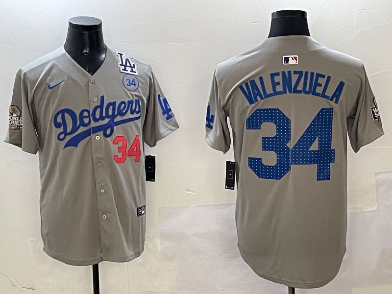 Men Los Angeles Dodgers #34 Valenzuela Grey Blue Fashion Game 2025 Nike MLB Jersey style 3264